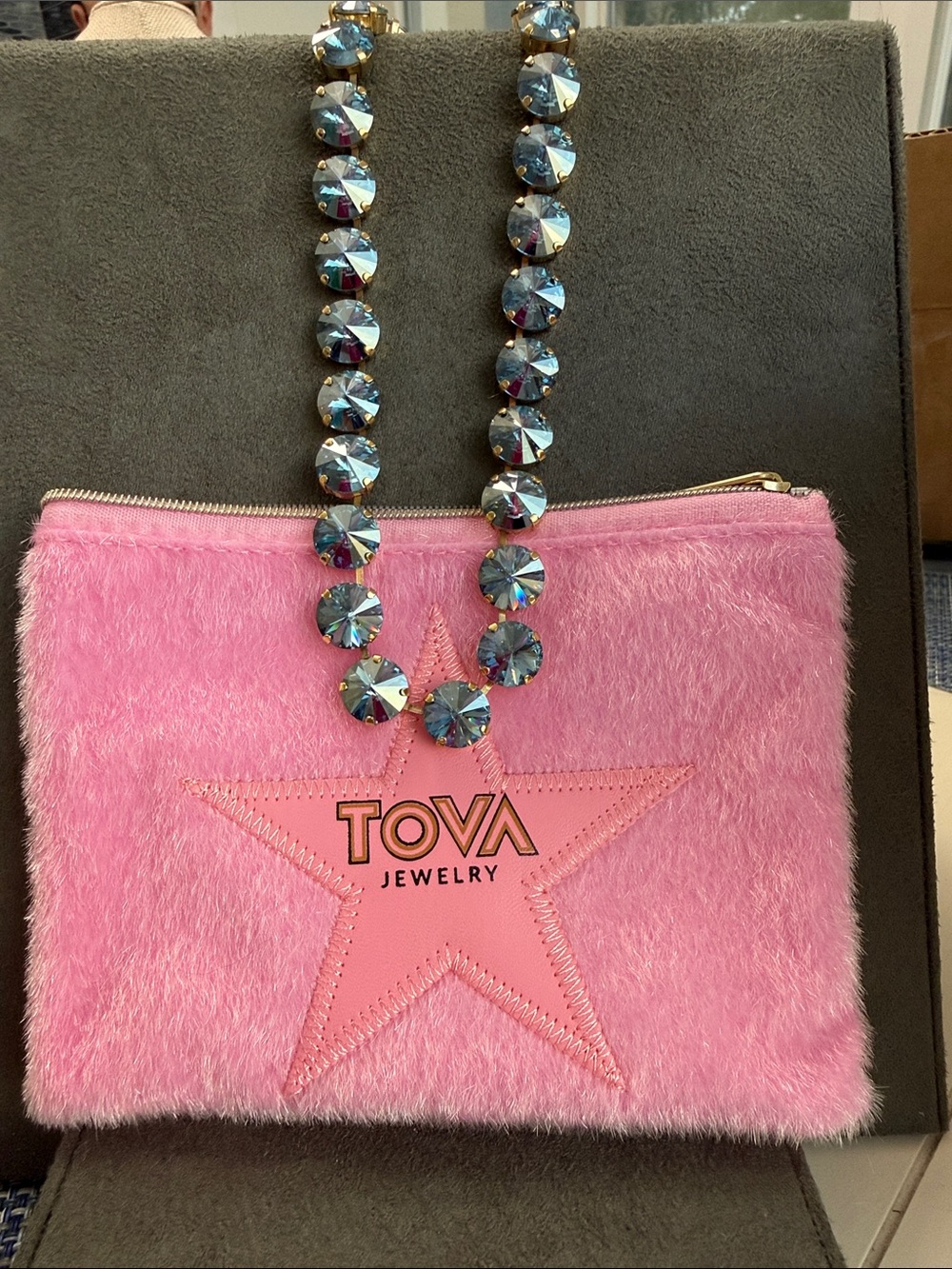 Iridescent Blue Crystal Necklace with Gold Chain - Picture 4 of 4